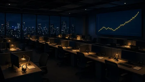 Empty call center floor at night with a rising lead-volume chart on the wall screen