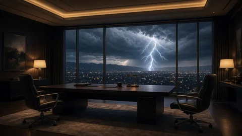 Oversized executive office with two chairs facing off as lightning strikes over the city