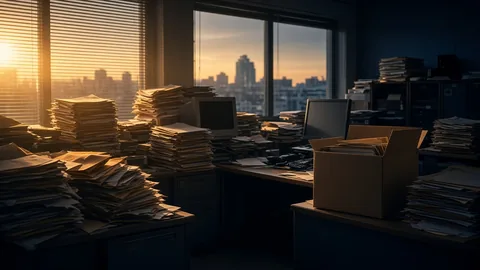 Mortgage office after hours piled with loan files and a half-packed moving box at sunset