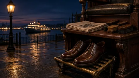Shoeshine stand at dusk with polished shoes and a newspaper, a ship lit up in the harbor