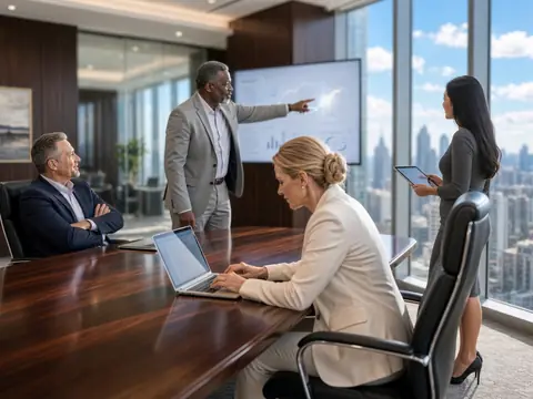 Executive presenting a performance chart to colleagues in a boardroom with city views