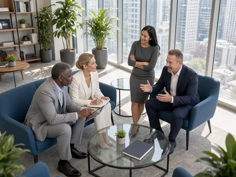Four colleagues meeting in a bright lounge with blue chairs and city views